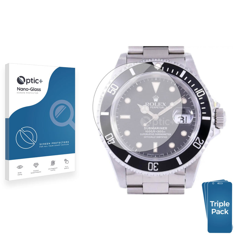 3pk Optic+ Nano Glass Screen Protectors for Rolex Submariner 16610 (Date)