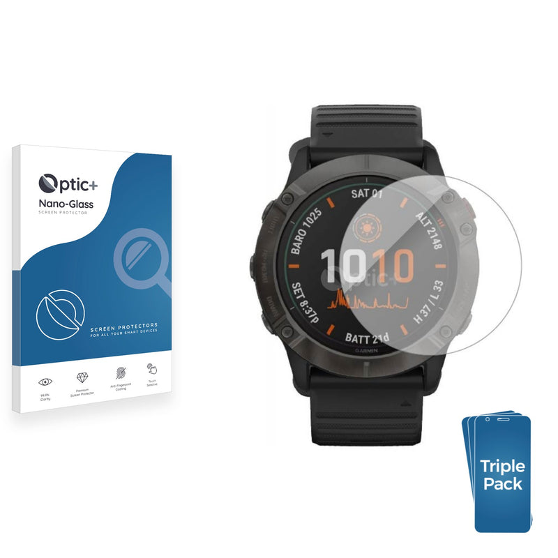 3pk Optic+ Nano Glass Screen Protectors for Garmin Fenix 6X Pro Solar